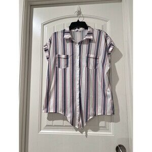 Eden & Olivia Tie Hem Blouse Women’s Button-up Stripped Cap Sleeve Pockets Sz L